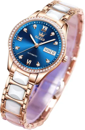 Dial [No Battery] OLEVS Rose Gold Women's Watches, Ceramic Stainless Steel Band, Automatic Mechanical Watch, irreversible vast frivolity Waterproof Luminous Pointer Calendar, Diamonds Elegant Watches for Women, Red/Blue/White 