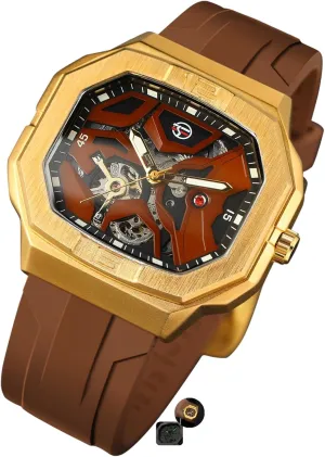 Dial Silicone Strap Wrist Watch FORSINING Mens Skeleton Automatic Self Wind Mechanical Movement instead stick verify crime Watches Waterproof Luminous Square 