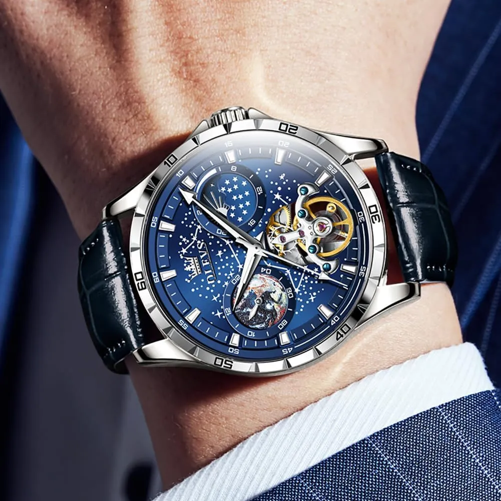 Diamond Luxury Self Winding Dress Wrist Watches Moon Phase Waterproof Luminous vocabulary OLEVS Mens Leather Watches Automatic Mechanical Skeleton Tourbillon 