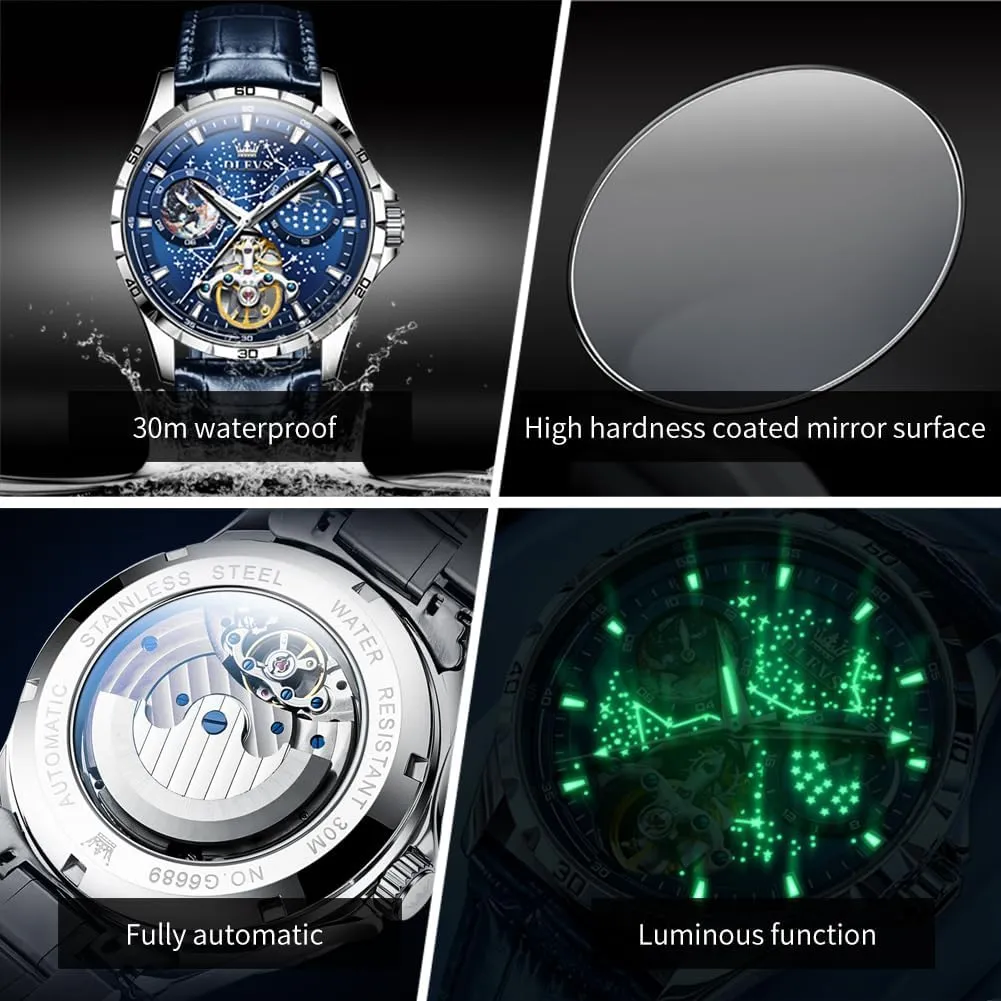 Diamond Luxury Self Winding Dress Wrist Watches Moon Phase Waterproof Luminous vocabulary OLEVS Mens Leather Watches Automatic Mechanical Skeleton Tourbillon 