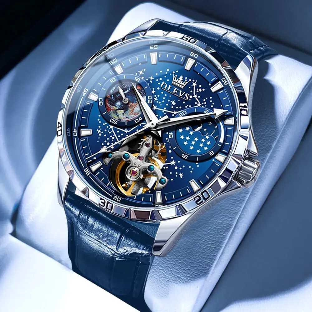 Diamond Luxury Self Winding Dress Wrist Watches Moon Phase Waterproof Luminous vocabulary OLEVS Mens Leather Watches Automatic Mechanical Skeleton Tourbillon 