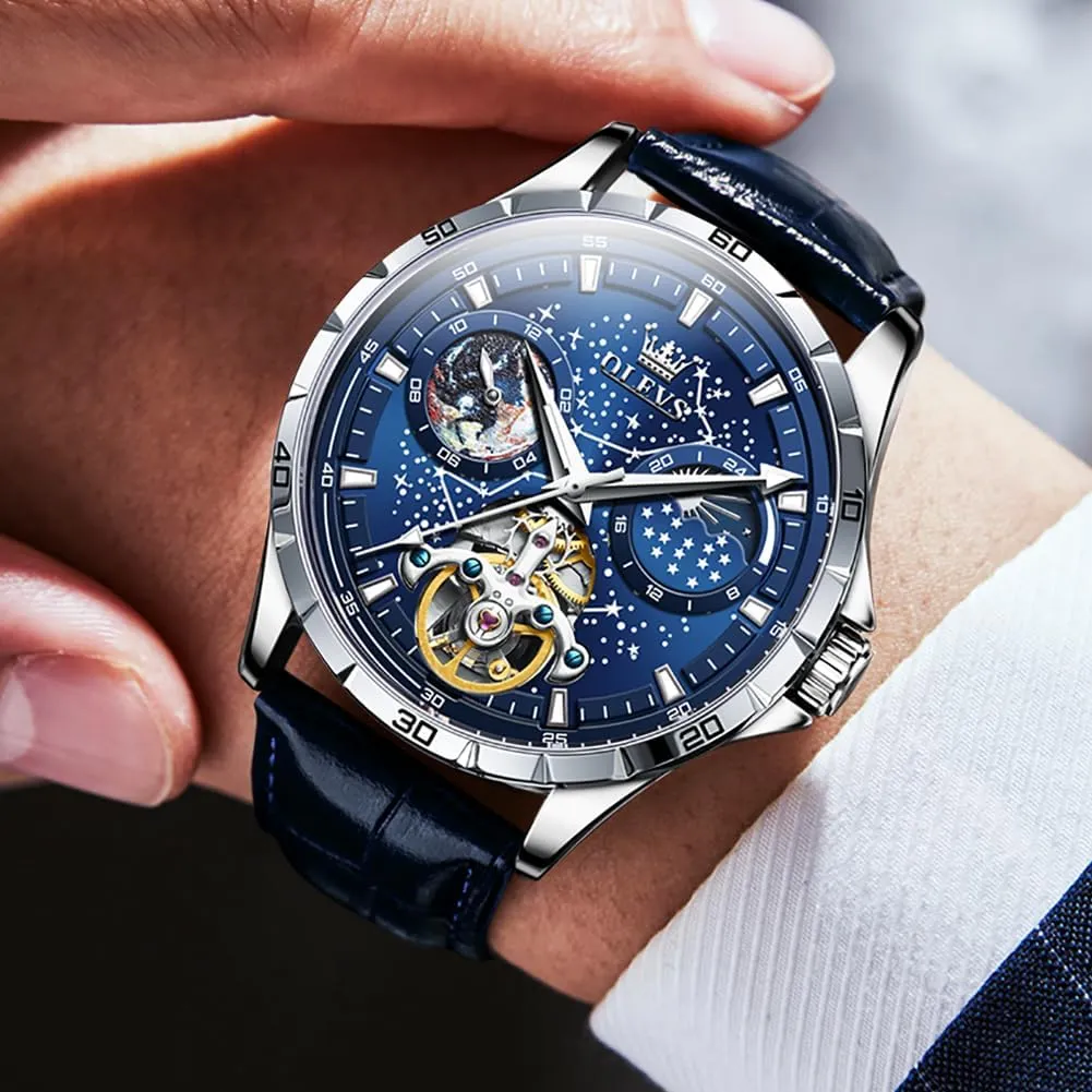 Diamond Luxury Self Winding Dress Wrist Watches Moon Phase Waterproof Luminous vocabulary OLEVS Mens Leather Watches Automatic Mechanical Skeleton Tourbillon 