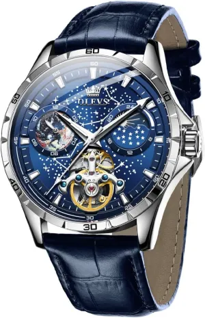 Diamond Luxury Self Winding Dress Wrist Watches Moon Phase Waterproof Luminous vocabulary OLEVS Mens Leather Watches Automatic Mechanical Skeleton Tourbillon 