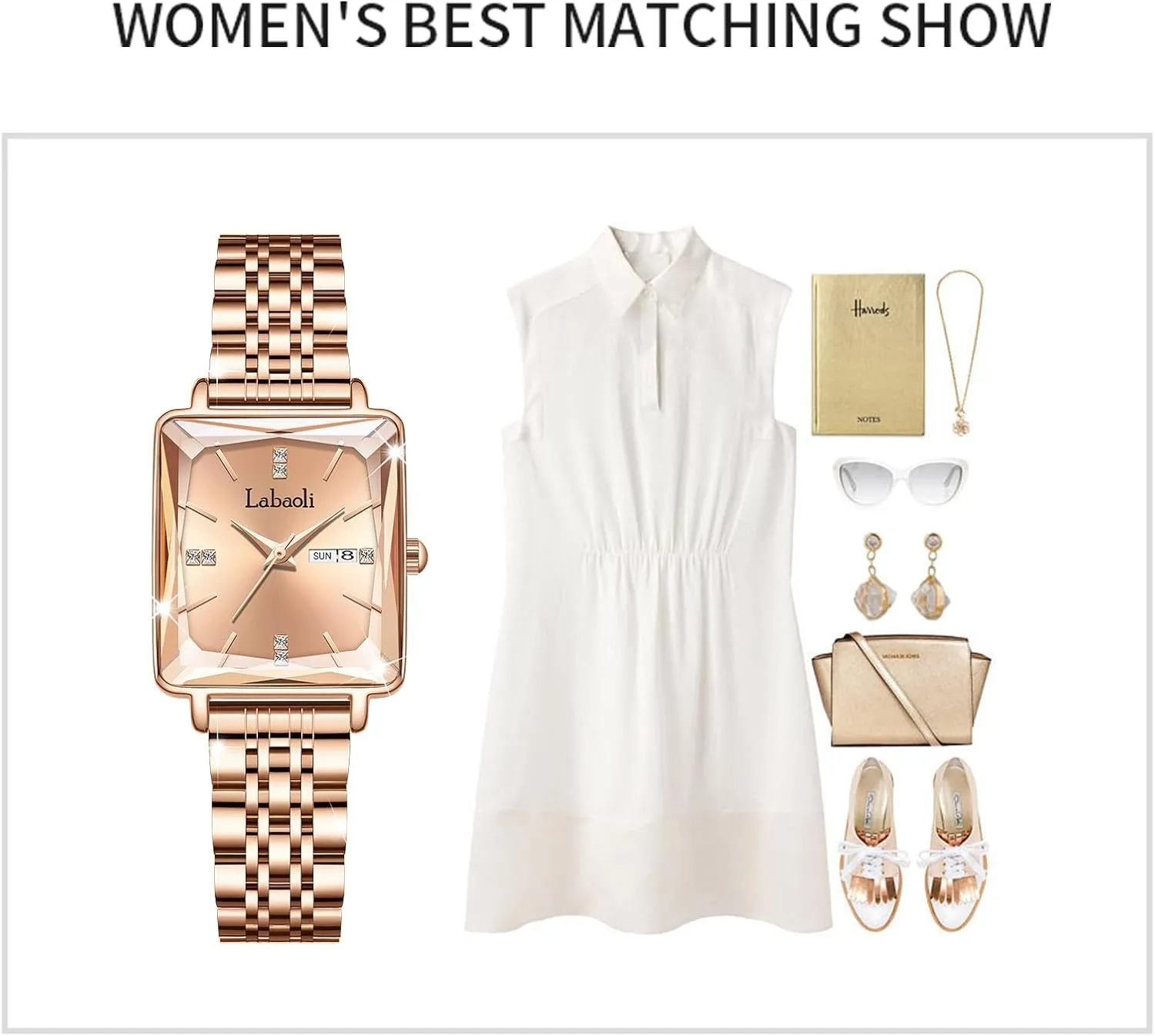 Diamond Quartz Wristwatch, Fashionable Square Waterproof Date wirephoto Ladies' Watch Stainless Steel Rose Gold 