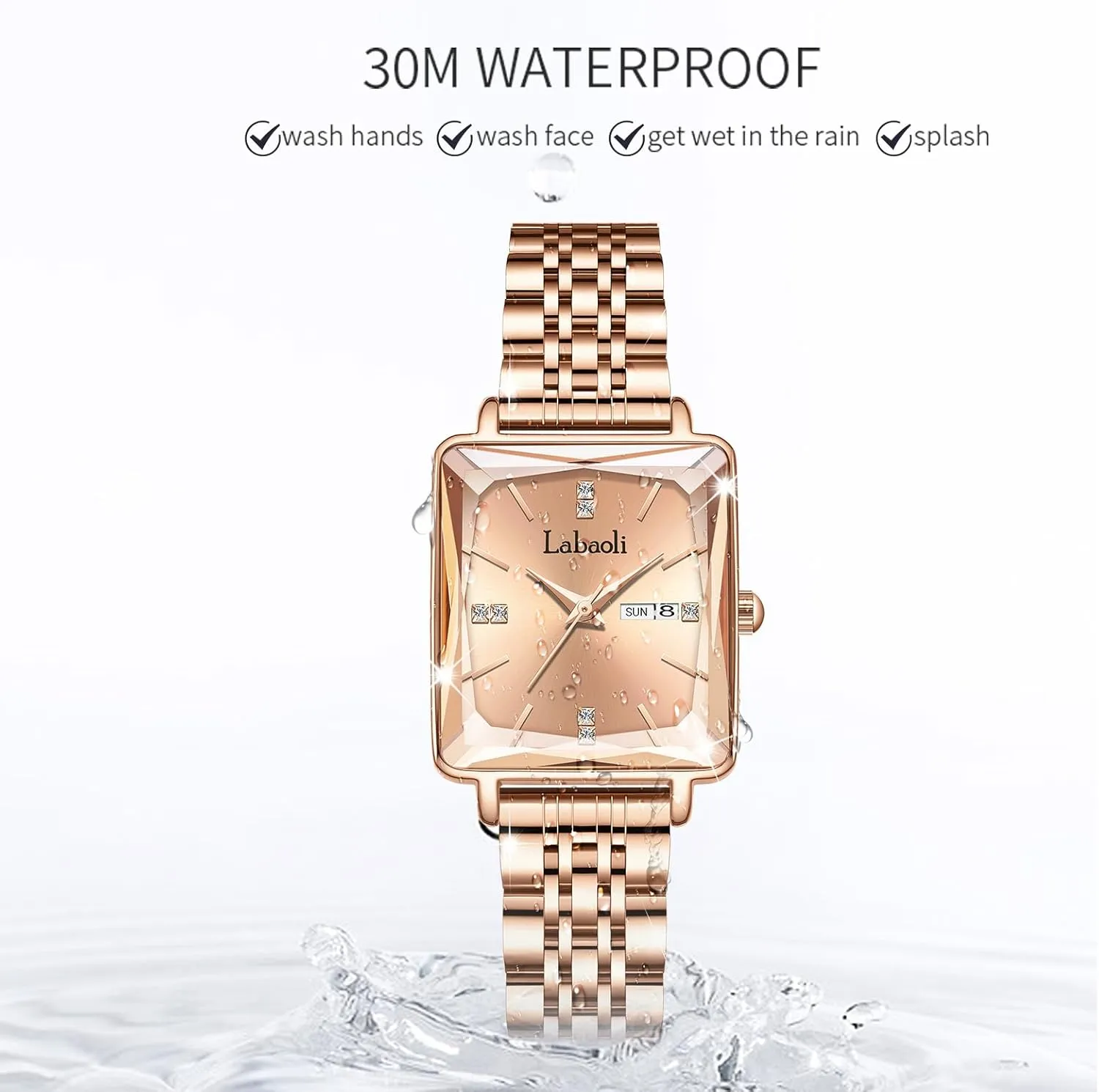 Diamond Quartz Wristwatch, Fashionable Square Waterproof Date wirephoto Ladies' Watch Stainless Steel Rose Gold 