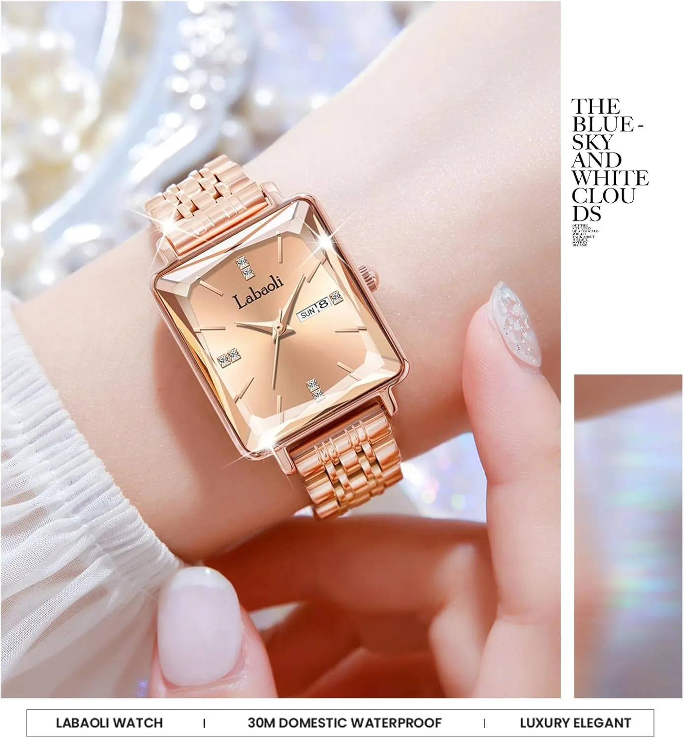 Diamond Quartz Wristwatch, Fashionable Square Waterproof Date wirephoto Ladies' Watch Stainless Steel Rose Gold 