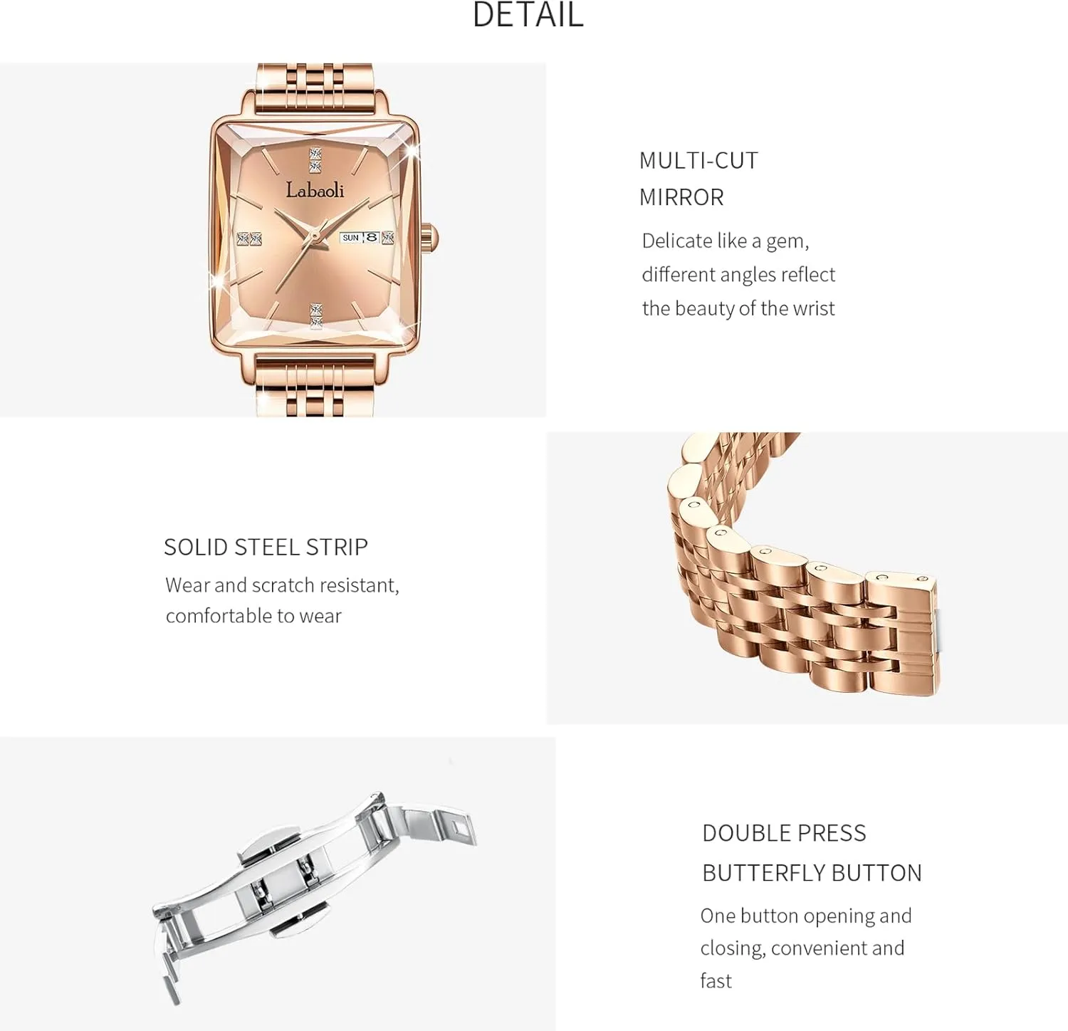 Diamond Quartz Wristwatch, Fashionable Square Waterproof Date wirephoto Ladies' Watch Stainless Steel Rose Gold 