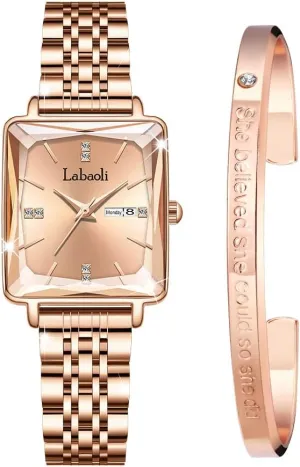 Diamond Quartz Wristwatch, Fashionable Square Waterproof Date wirephoto Ladies' Watch Stainless Steel Rose Gold 
