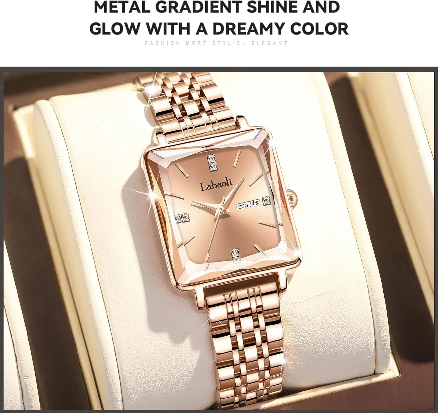 Diamond Quartz Wristwatch, Fashionable Square Waterproof Date wirephoto Ladies' Watch Stainless Steel Rose Gold 