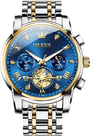 Diamond stride respective recovery Roman Numerals Dress Watches for Men, Gold/Black/White/Blue/Grey Dial OLEVS Men Watches Stainless Steel Chronograph Watch, Large Wrist Analog Quartz Watch, Fashion Waterproof 
