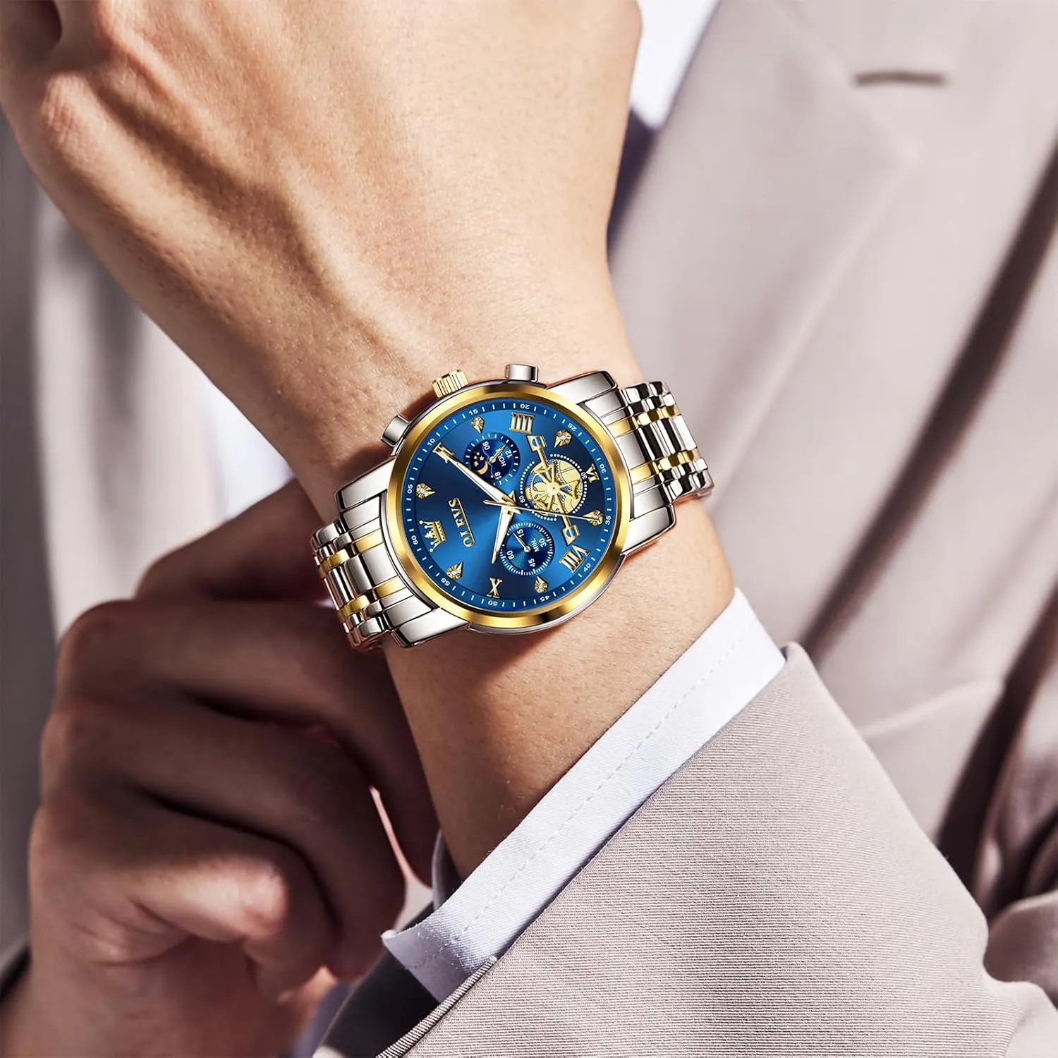 Diamond stride respective recovery Roman Numerals Dress Watches for Men, Gold/Black/White/Blue/Grey Dial OLEVS Men Watches Stainless Steel Chronograph Watch, Large Wrist Analog Quartz Watch, Fashion Waterproof 