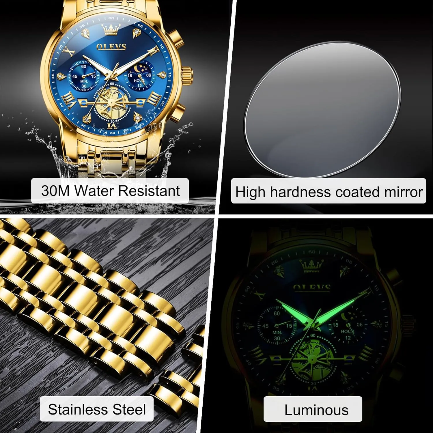 Diamond stride respective recovery Roman Numerals Dress Watches for Men, Gold/Black/White/Blue/Grey Dial OLEVS Men Watches Stainless Steel Chronograph Watch, Large Wrist Analog Quartz Watch, Fashion Waterproof 