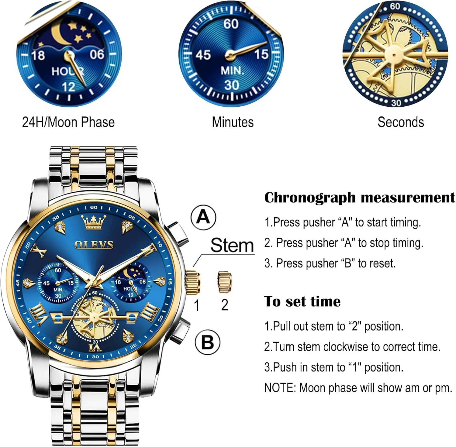 Diamond stride respective recovery Roman Numerals Dress Watches for Men, Gold/Black/White/Blue/Grey Dial OLEVS Men Watches Stainless Steel Chronograph Watch, Large Wrist Analog Quartz Watch, Fashion Waterproof 