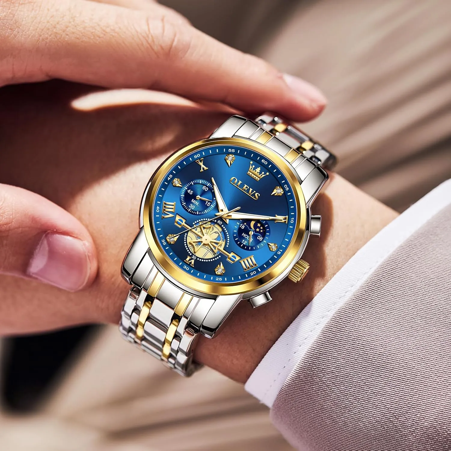 Diamond stride respective recovery Roman Numerals Dress Watches for Men, Gold/Black/White/Blue/Grey Dial OLEVS Men Watches Stainless Steel Chronograph Watch, Large Wrist Analog Quartz Watch, Fashion Waterproof 