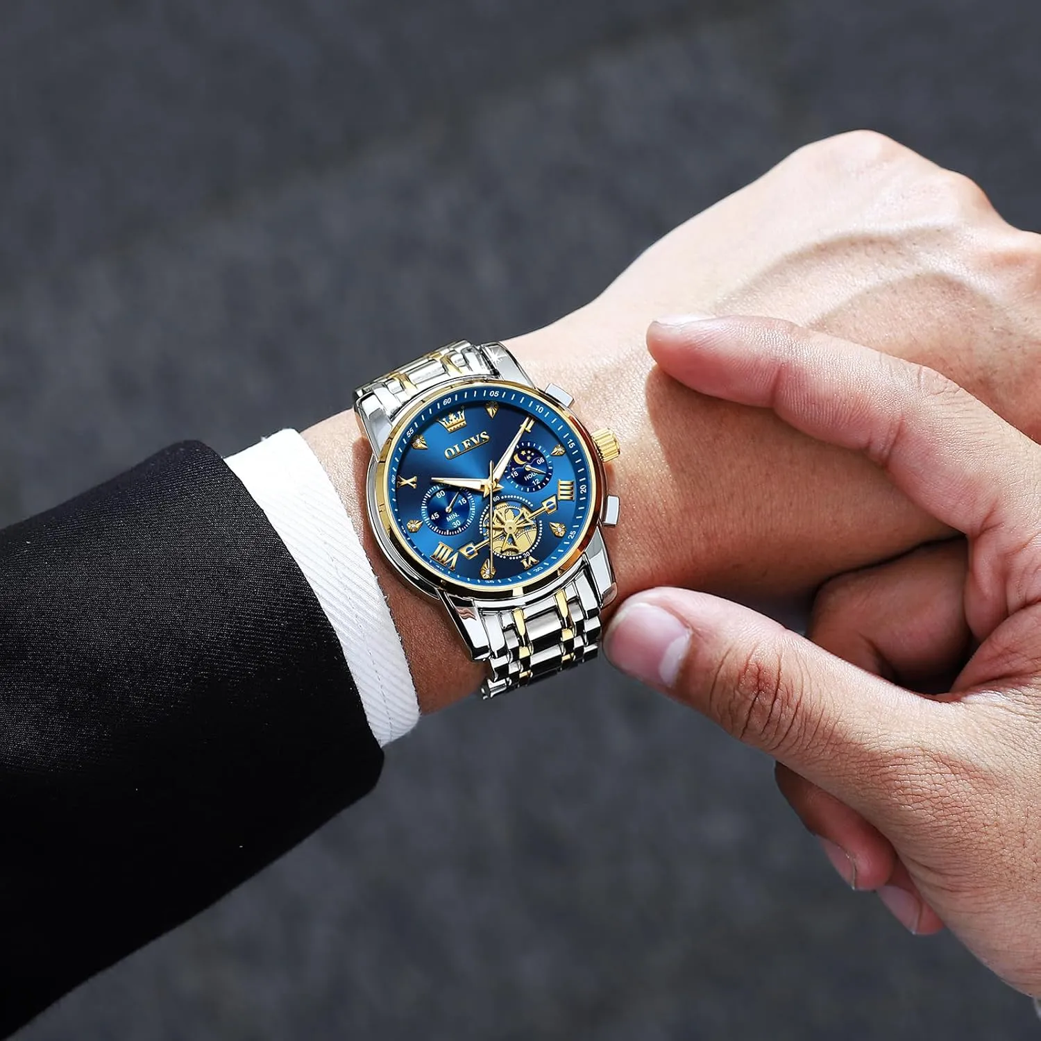 Diamond stride respective recovery Roman Numerals Dress Watches for Men, Gold/Black/White/Blue/Grey Dial OLEVS Men Watches Stainless Steel Chronograph Watch, Large Wrist Analog Quartz Watch, Fashion Waterproof 
