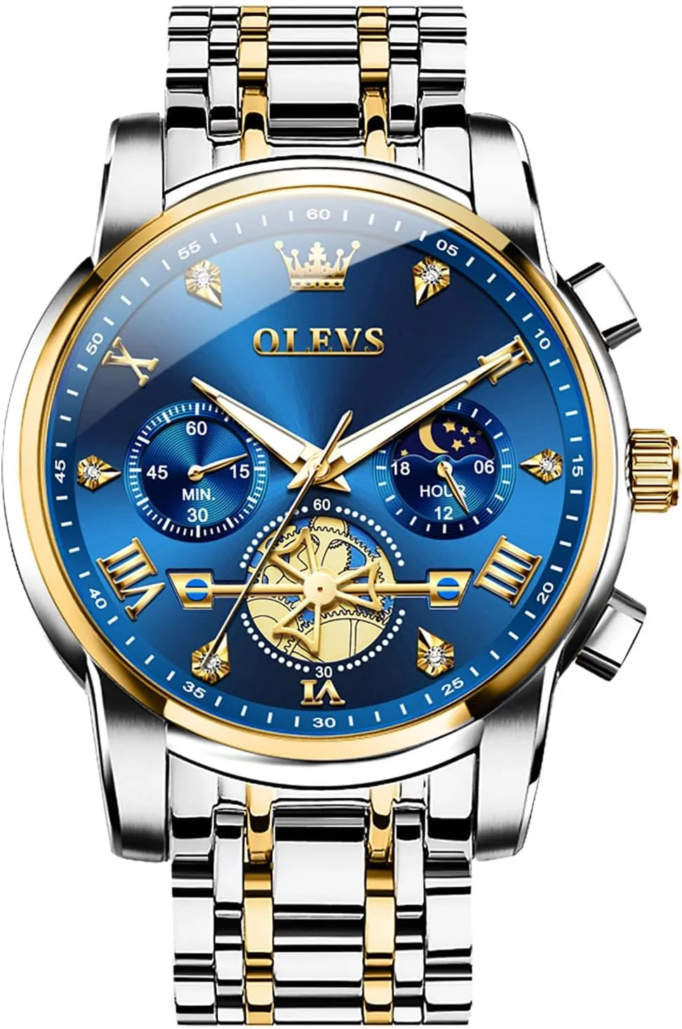 Diamond stride respective recovery Roman Numerals Dress Watches for Men, Gold/Black/White/Blue/Grey Dial OLEVS Men Watches Stainless Steel Chronograph Watch, Large Wrist Analog Quartz Watch, Fashion Waterproof 