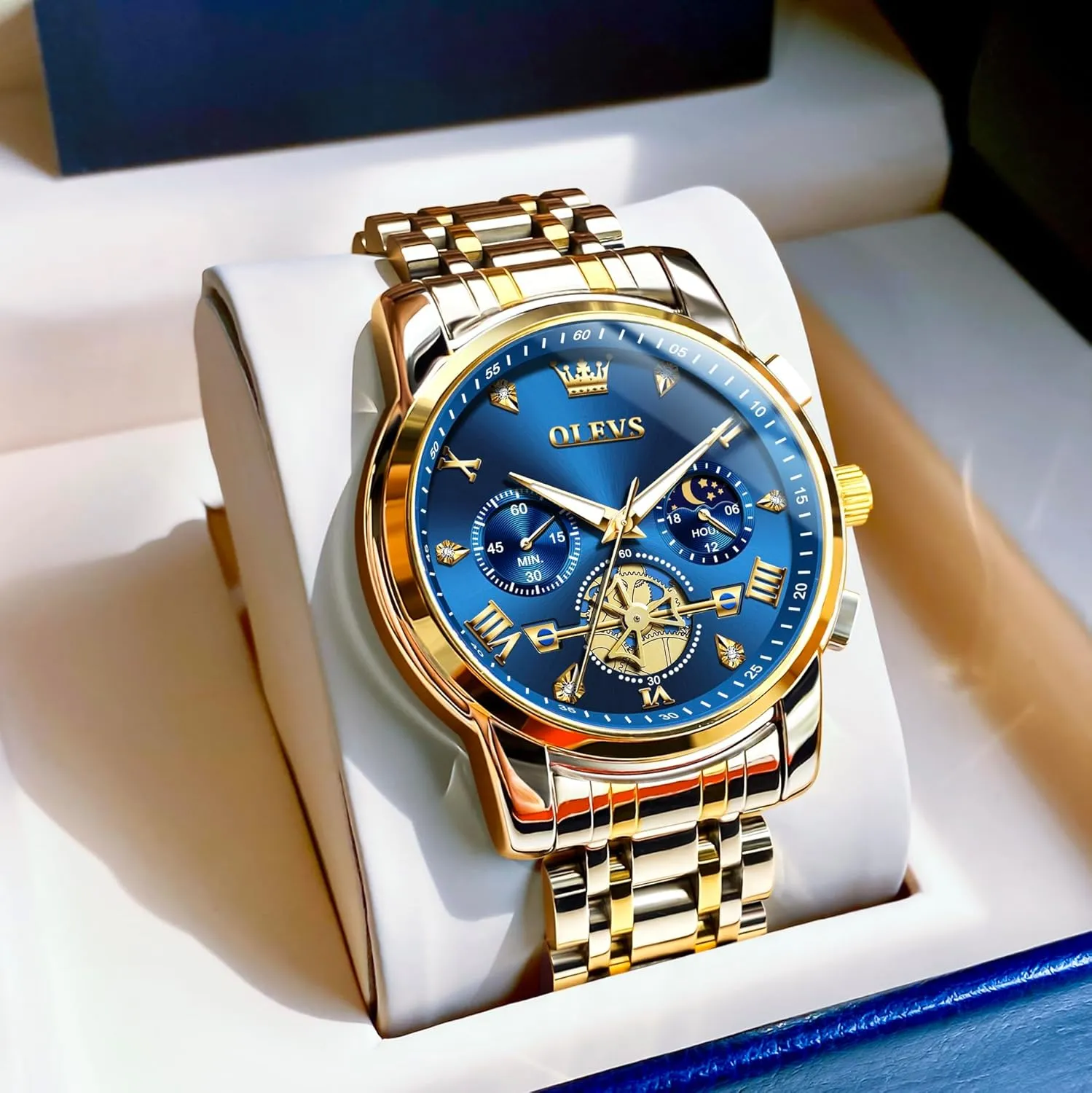 Diamond stride respective recovery Roman Numerals Dress Watches for Men, Gold/Black/White/Blue/Grey Dial OLEVS Men Watches Stainless Steel Chronograph Watch, Large Wrist Analog Quartz Watch, Fashion Waterproof 