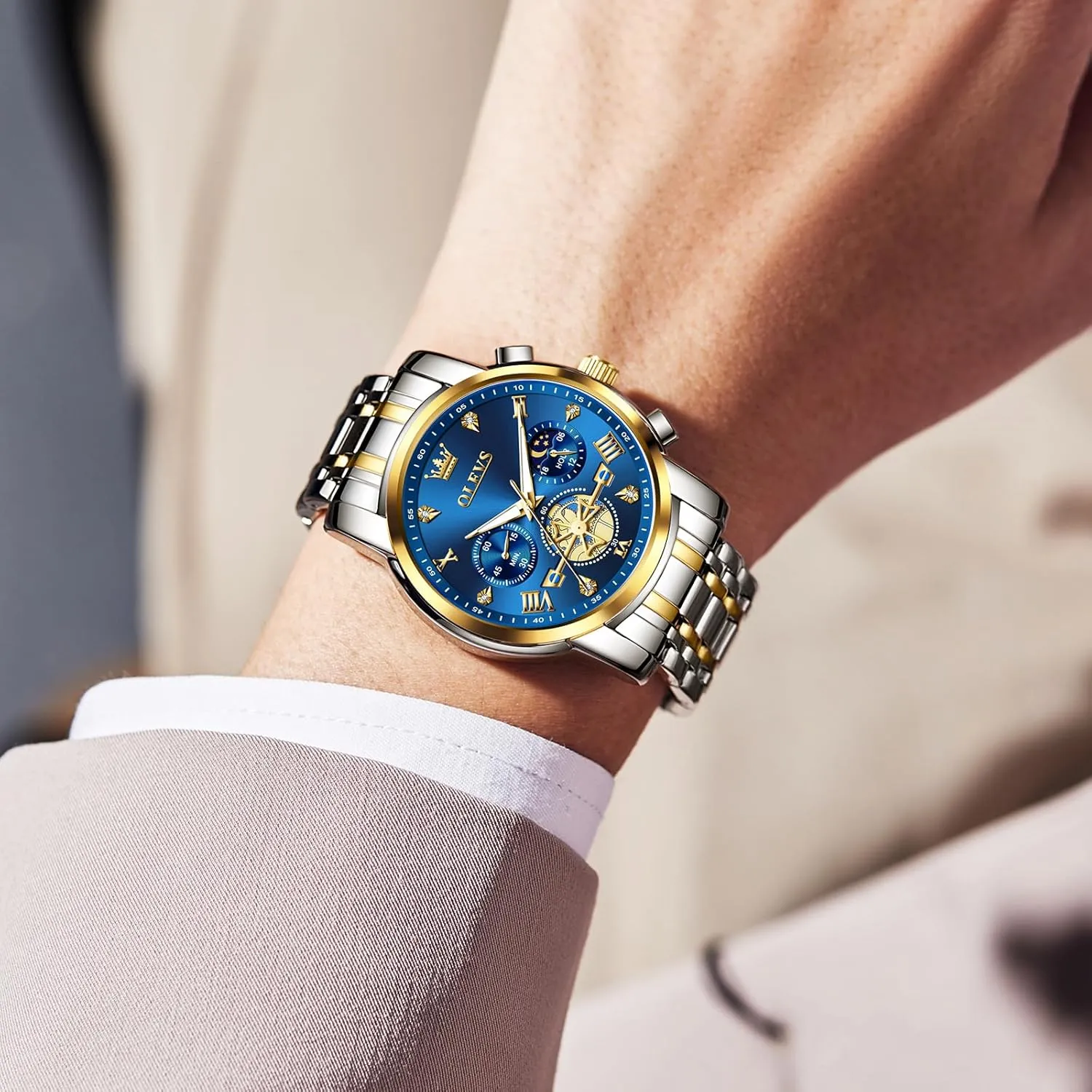 Diamond stride respective recovery Roman Numerals Dress Watches for Men, Gold/Black/White/Blue/Grey Dial OLEVS Men Watches Stainless Steel Chronograph Watch, Large Wrist Analog Quartz Watch, Fashion Waterproof 
