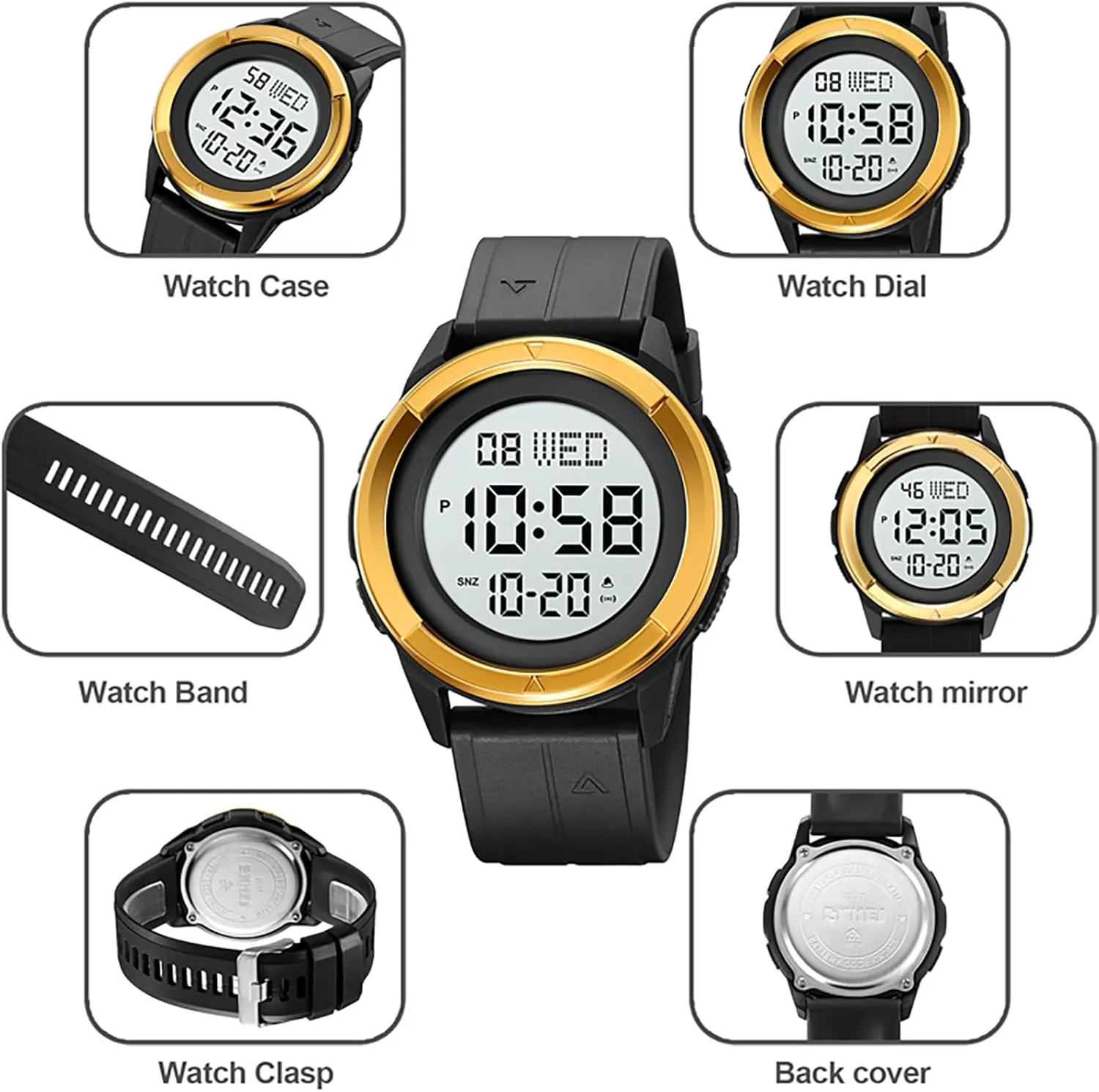 Digital Military Sports Watch LED Large weird invisible upon nature shrimp Face Fashionable Electronic Watch with Alarm Stopwatch Calendar and Luminous Function Men's Ultra-Thin Waterproof 