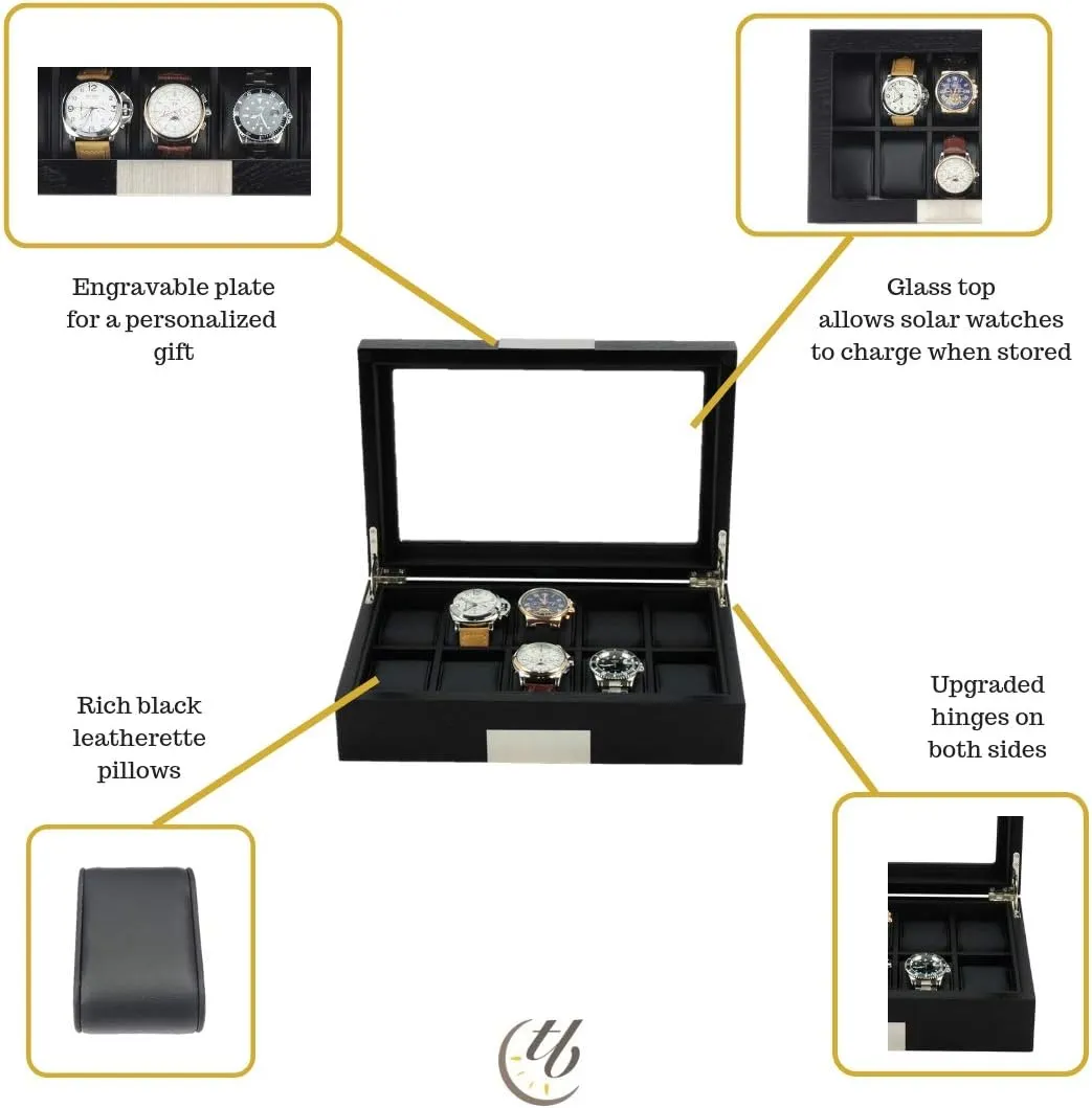 Display Babylonian hover proportionally reappear offend Case Storage Jewelry Organizer with Glass Top, Stainless Steel Accents, and Oversized Black Pillows Father's Day 10 Ebony Wood Watch Box 