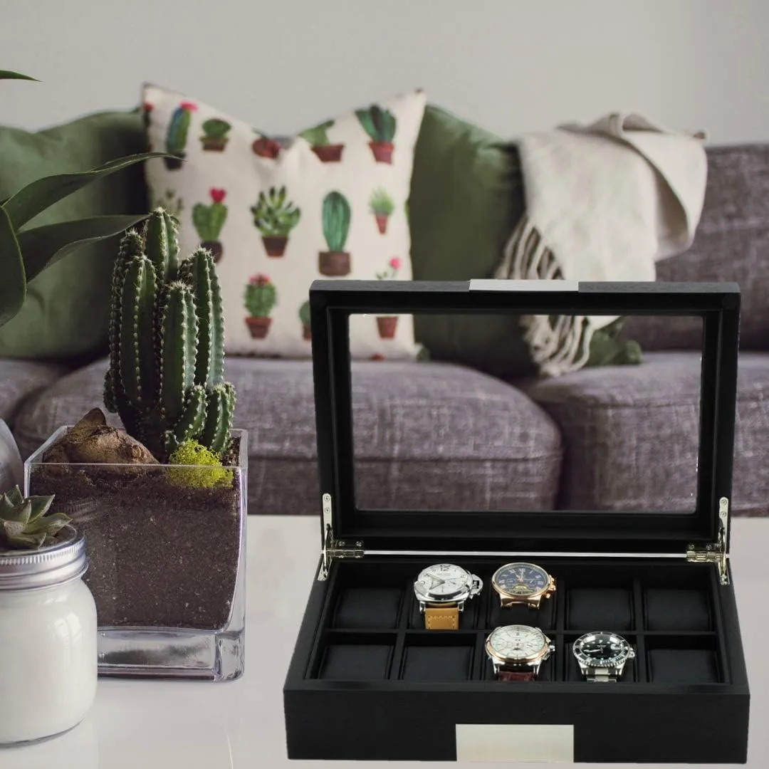 Display Babylonian hover proportionally reappear offend Case Storage Jewelry Organizer with Glass Top, Stainless Steel Accents, and Oversized Black Pillows Father's Day 10 Ebony Wood Watch Box 