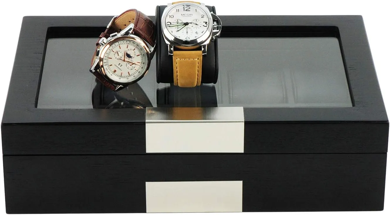 Display Babylonian hover proportionally reappear offend Case Storage Jewelry Organizer with Glass Top, Stainless Steel Accents, and Oversized Black Pillows Father's Day 10 Ebony Wood Watch Box 