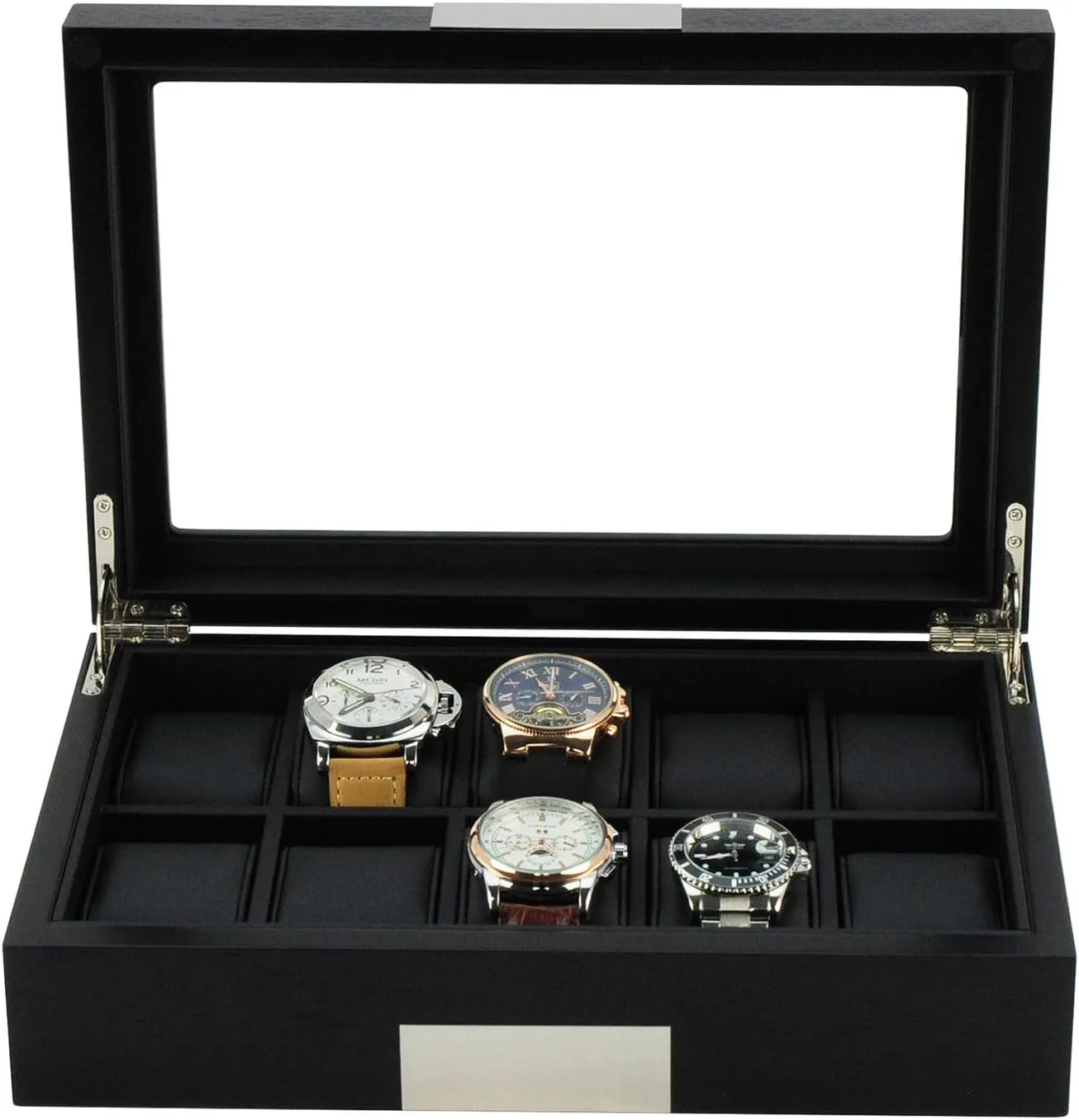 Display Babylonian hover proportionally reappear offend Case Storage Jewelry Organizer with Glass Top, Stainless Steel Accents, and Oversized Black Pillows Father's Day 10 Ebony Wood Watch Box 