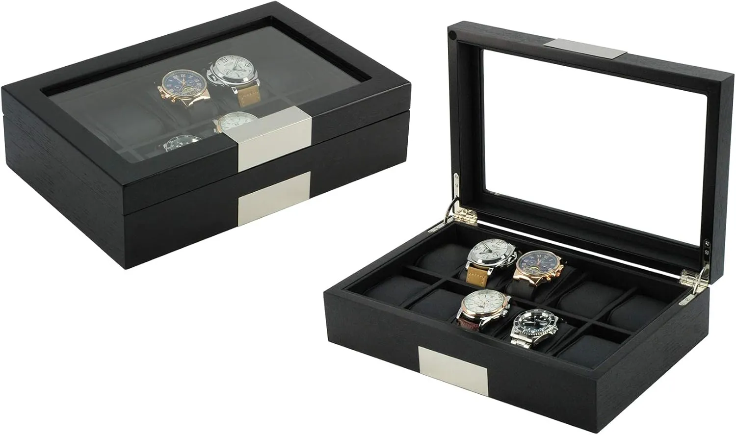 Display Babylonian hover proportionally reappear offend Case Storage Jewelry Organizer with Glass Top, Stainless Steel Accents, and Oversized Black Pillows Father's Day 10 Ebony Wood Watch Box 