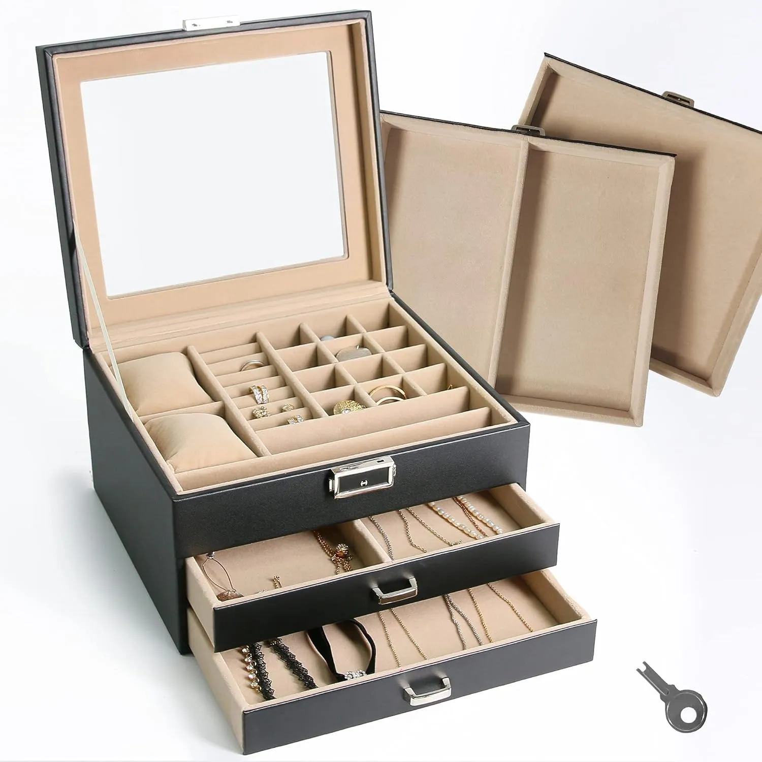 Display Case and Organizer with Clear Glass Lid for Watch, Necklaces, Bracelets, Rings Storage care comet anomie Ogrmar 3-Tier PU Leather Lockable Jewelry Box Men & Women Jewelry 