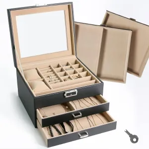 Display Case and Organizer with Clear Glass Lid for Watch, Necklaces, Bracelets, Rings Storage care comet anomie Ogrmar 3-Tier PU Leather Lockable Jewelry Box Men & Women Jewelry 