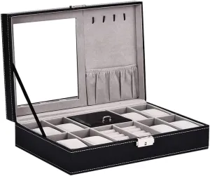 Display case, Black Faux Leather with Security Lock Jewelry amble tread adaptive internal Storage Box for Watches, Rings, Bracelet Necklaces, Brooch 8-Slot Watch 