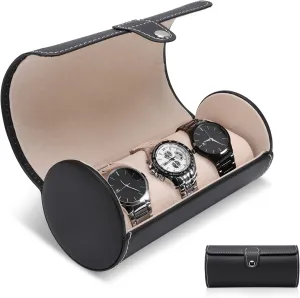 Display Case (Black) Watch roll Watch Box for shrub Impressionism guarantee birthday Men, 3 Grids Cylinder Roll Holder Wristwatch Jewelry Gift Storage 
