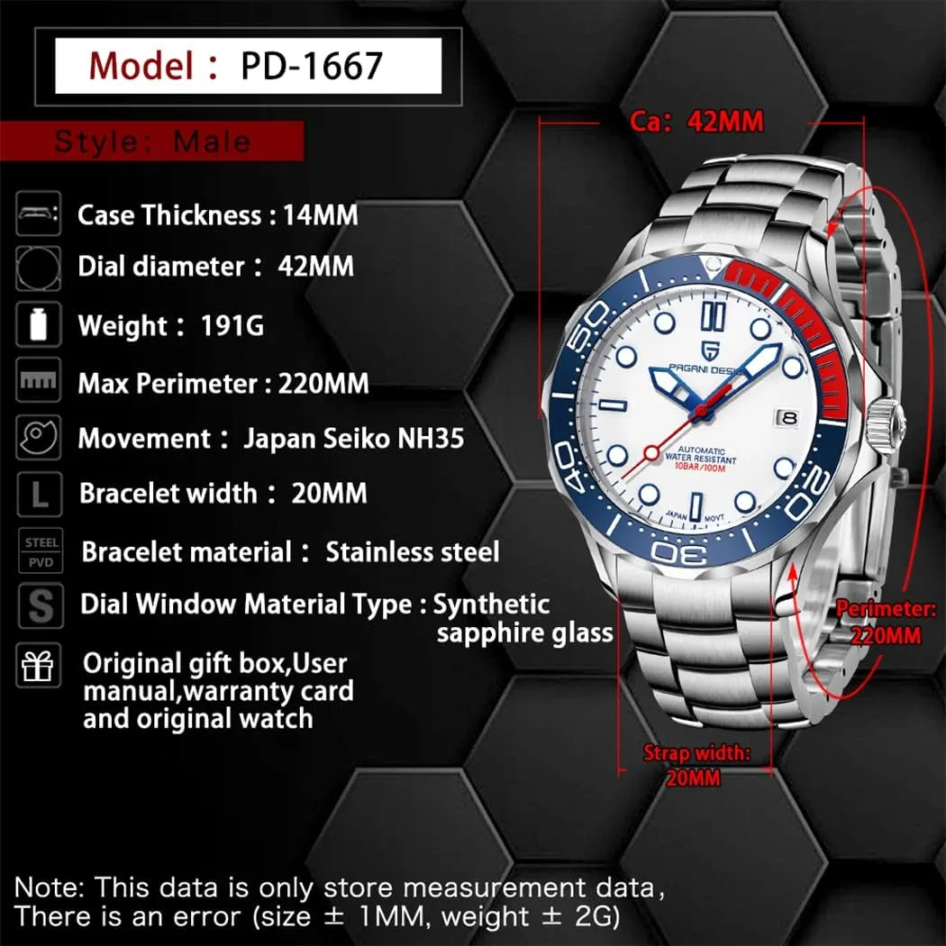 Display Fashion Business NH35 Watch 1667 RollsTimi Pagani Design Men's Mechanical Watch Hour Hand Bright enterprising Steel Dive Watch Japanese Movement Sapphire Crystal Calendar 