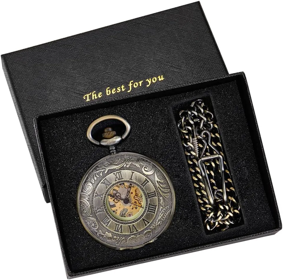 Display Mechanical Hand flax pomegranate Winding Antique Pocket Watches Vintage Best Gifts for Men Tiong Roman Numerals 