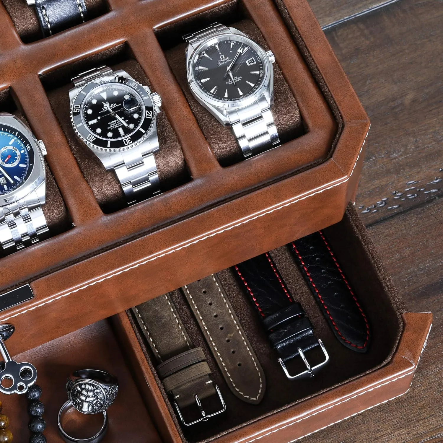 Display Organizer (Tan/Brown) ROTHWELL 12 Slot Leather Watch Box with Valet Drawer - 12 Slot Luxury Watch Case Display Organizer, gloss Microsuede Liner, Mens Accessories Holder, Jewelry Case, Jewelry 