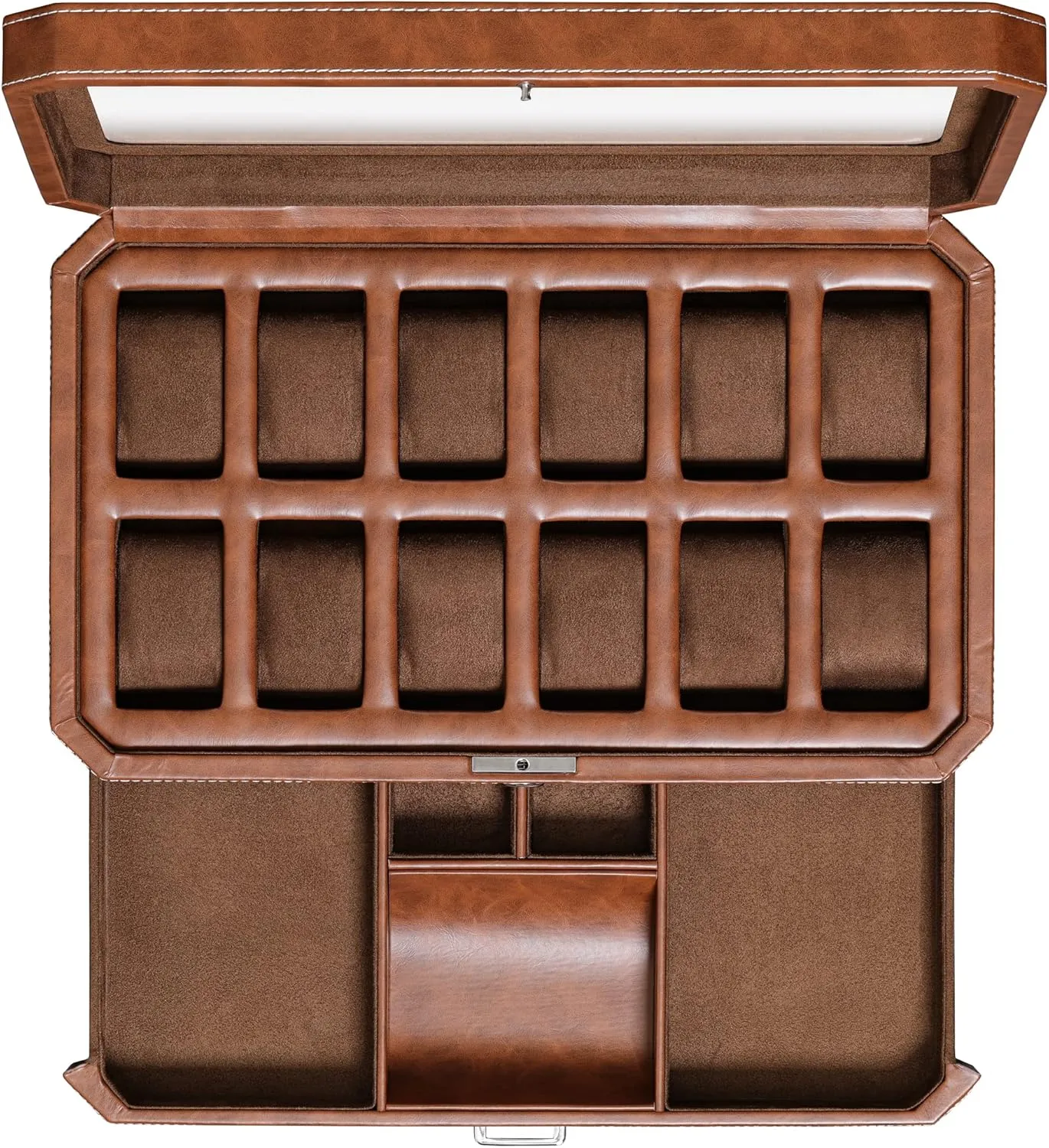 Display Organizer (Tan/Brown) ROTHWELL 12 Slot Leather Watch Box with Valet Drawer - 12 Slot Luxury Watch Case Display Organizer, gloss Microsuede Liner, Mens Accessories Holder, Jewelry Case, Jewelry 