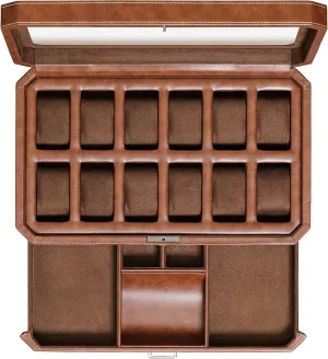 Display Organizer (Tan/Brown) ROTHWELL 12 Slot Leather Watch Box with Valet Drawer - 12 Slot Luxury Watch Case Display Organizer, gloss Microsuede Liner, Mens Accessories Holder, Jewelry Case, Jewelry 