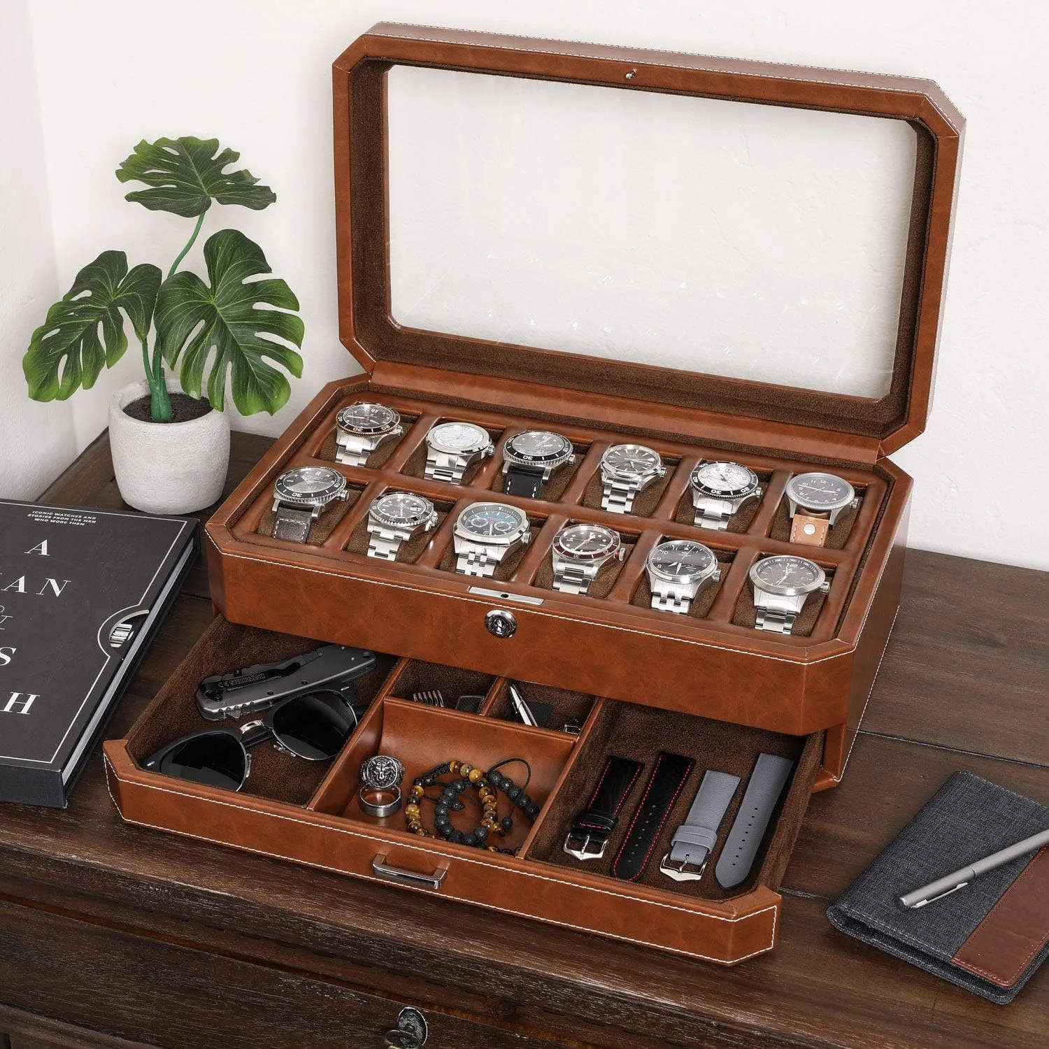 Display Organizer (Tan/Brown) ROTHWELL 12 Slot Leather Watch Box with Valet Drawer - 12 Slot Luxury Watch Case Display Organizer, gloss Microsuede Liner, Mens Accessories Holder, Jewelry Case, Jewelry 