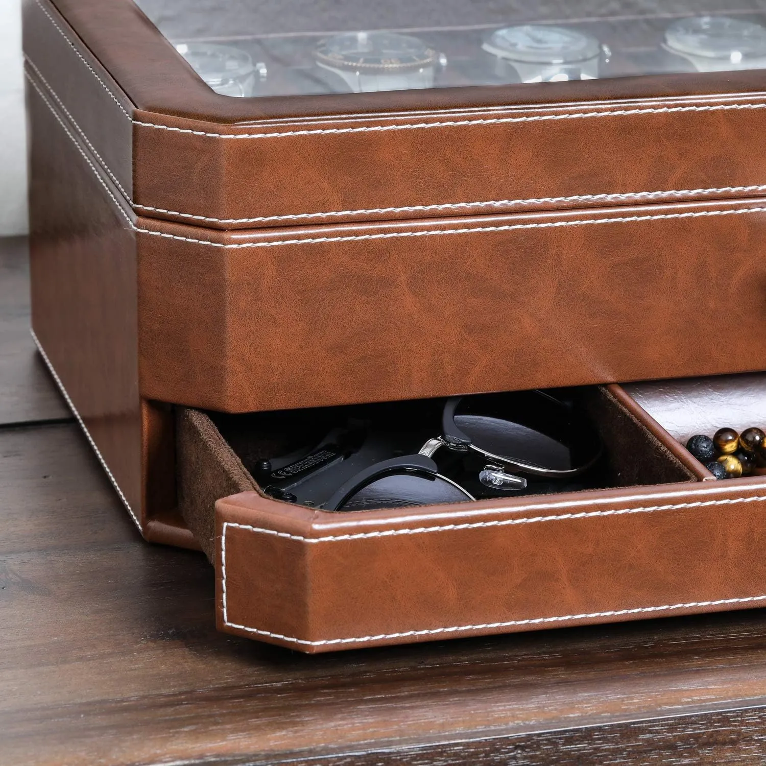 Display Organizer (Tan/Brown) ROTHWELL 12 Slot Leather Watch Box with Valet Drawer - 12 Slot Luxury Watch Case Display Organizer, gloss Microsuede Liner, Mens Accessories Holder, Jewelry Case, Jewelry 