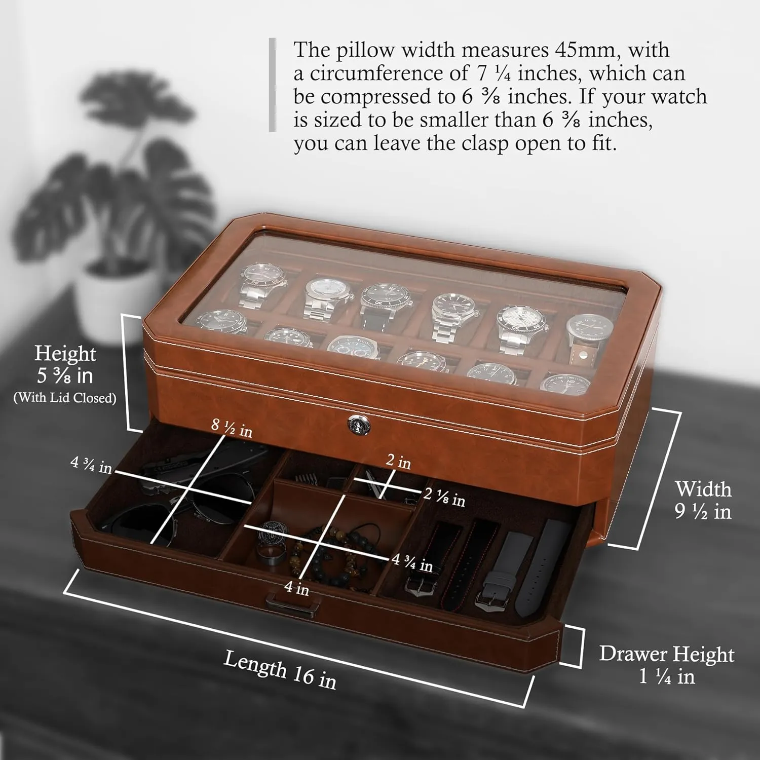 Display Organizer (Tan/Brown) ROTHWELL 12 Slot Leather Watch Box with Valet Drawer - 12 Slot Luxury Watch Case Display Organizer, gloss Microsuede Liner, Mens Accessories Holder, Jewelry Case, Jewelry 