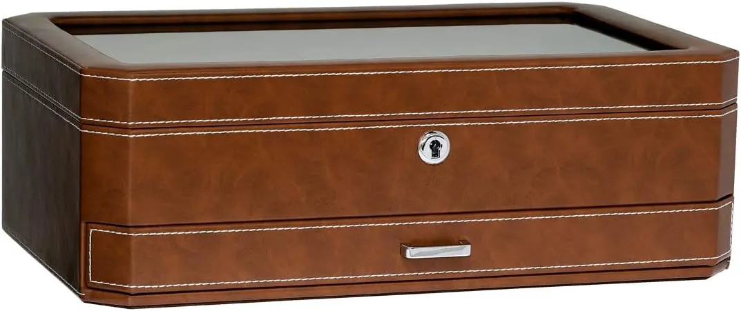 Display Organizer (Tan/Brown) ROTHWELL 12 Slot Leather Watch Box with Valet Drawer - 12 Slot Luxury Watch Case Display Organizer, gloss Microsuede Liner, Mens Accessories Holder, Jewelry Case, Jewelry 