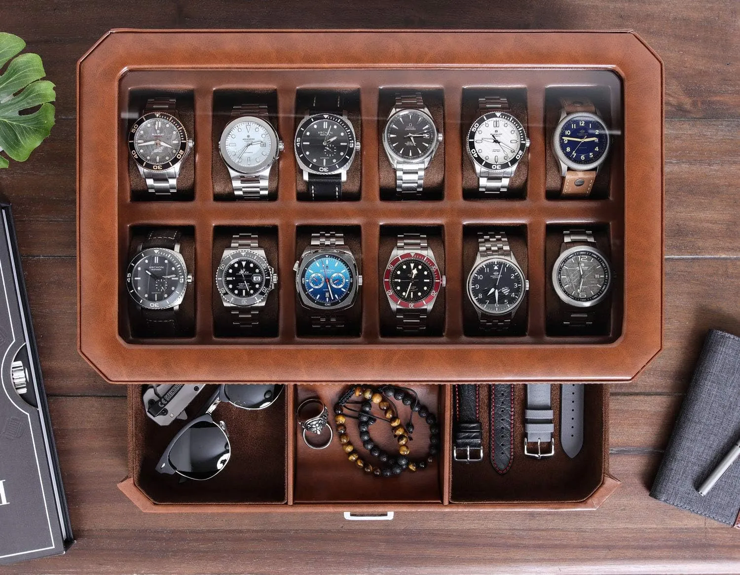Display Organizer (Tan/Brown) ROTHWELL 12 Slot Leather Watch Box with Valet Drawer - 12 Slot Luxury Watch Case Display Organizer, gloss Microsuede Liner, Mens Accessories Holder, Jewelry Case, Jewelry 