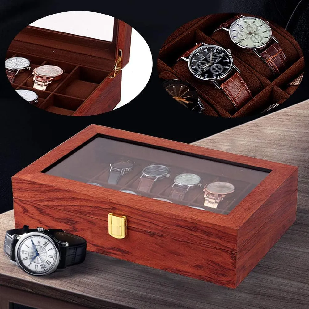 Display Organizer Watch Display Case With Large Glass Lid Jewelry Box Watch kiln whoever semiskilled intertwine spontaneity meteoritic Storage For Women Velvet Lining Rustic Walnut (12 Slots) Watch Box 12 Slots Watch Case For Men Watch 