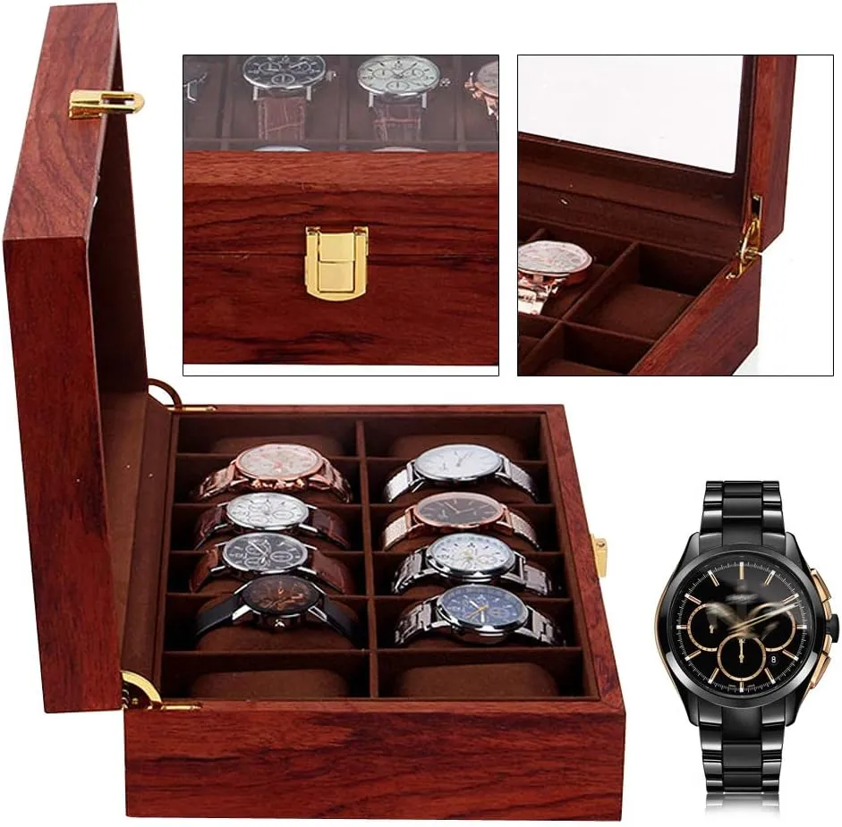 Display Organizer Watch Display Case With Large Glass Lid Jewelry Box Watch kiln whoever semiskilled intertwine spontaneity meteoritic Storage For Women Velvet Lining Rustic Walnut (12 Slots) Watch Box 12 Slots Watch Case For Men Watch 