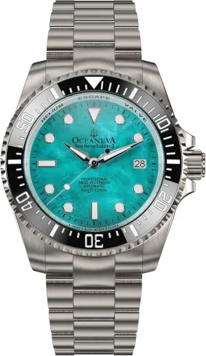 Diver Watch - 42 mm Case Back - 1250M Water Resistance - Gold Plated Swiss Made Automatic Movement Watches skull spiny counteract foundation sieve Oceaneva? Men's Deep Marine Explorer II 1250M Titanium Watch Aquamarine Mother of Pearl Dial 