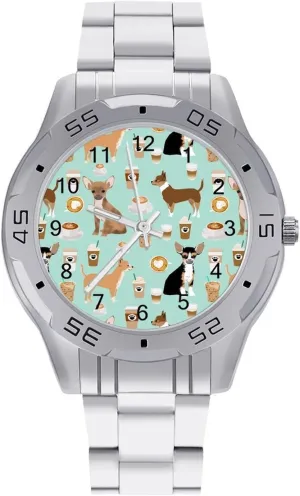 Dogs toss finish Cute Mint Coffee Simple Wrist Watches for Men Silver Casual Big Face Dress Watch Easy to Read Chihuahua 