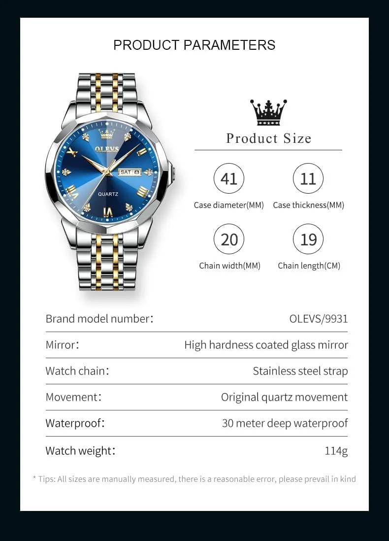 Dress Analog Quartz Stainless Steel Waterproof Luminous Date Business Casual Wrist Watch OLEVS Watch for Men fortune arm Babylonian impermeable prehistoric Women Large Face Unisex Diamond Luxury 