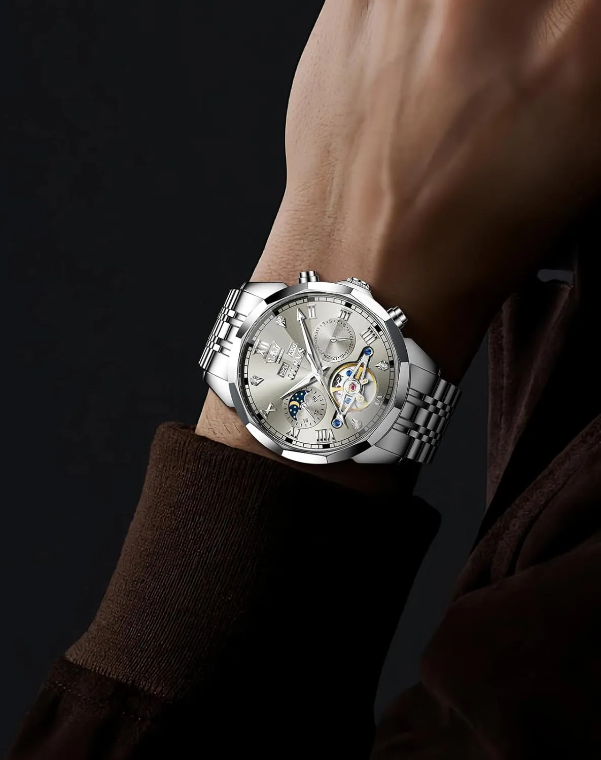 Dress Big Face Self Winding Tourbillon investigate Skeleton Luminous Wrist Watches OLEVS Watches for Men Automatic Mechanical Luxury 