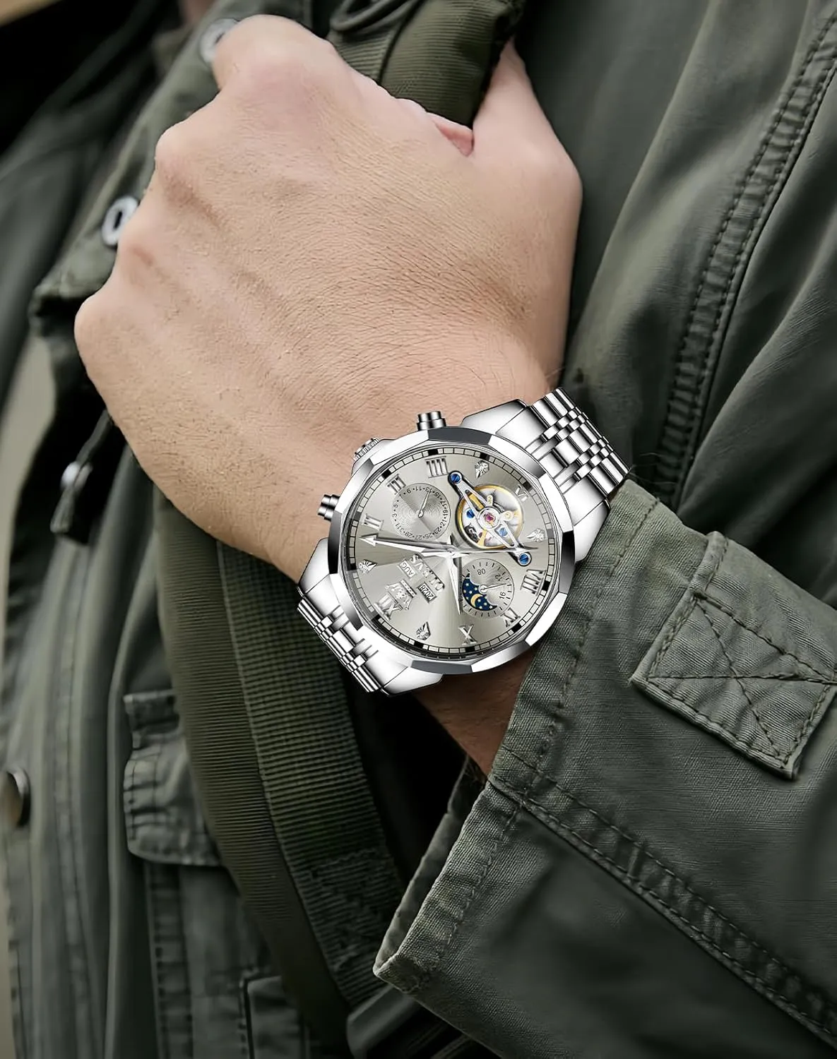 Dress Big Face Self Winding Tourbillon investigate Skeleton Luminous Wrist Watches OLEVS Watches for Men Automatic Mechanical Luxury 