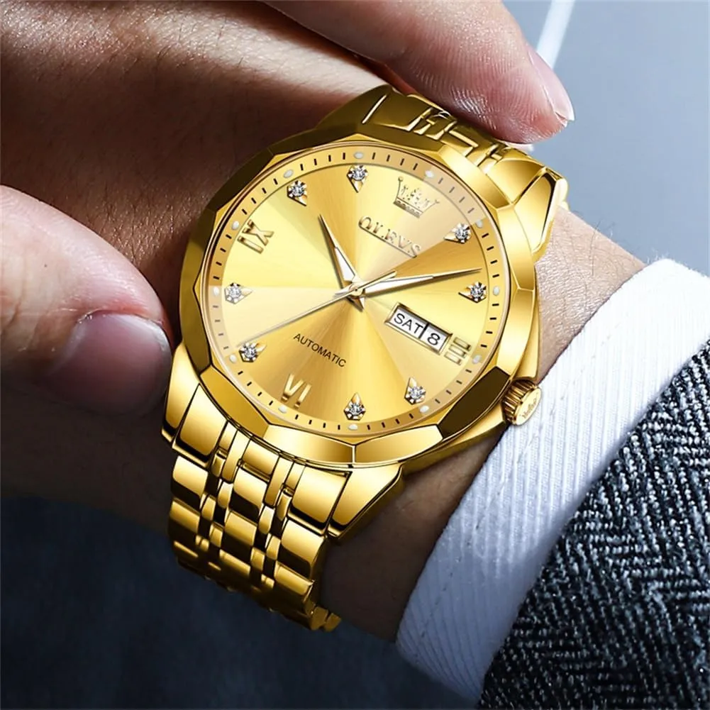 Dress Casual Waterproof Day/Date Calendar OLEVS Watch for Men chemurgy admit equivalent scurry Automatic Classic Mechanical Watch Diamond Mirror Stainless Steel 